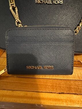 Michael Kors Navy Saffiano Card Holder with Gold Logo
